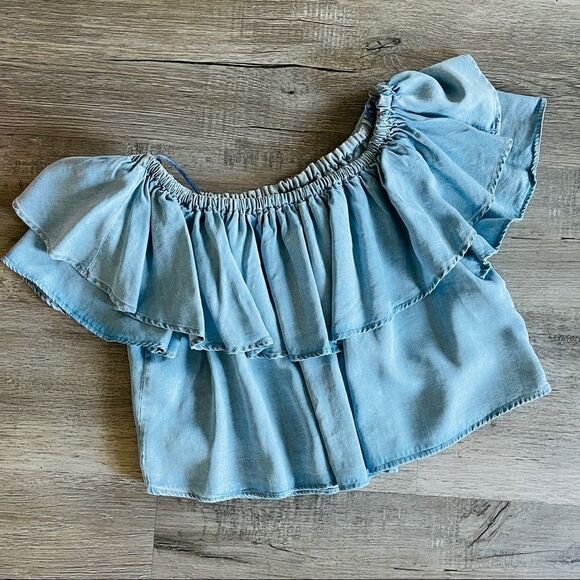 Zara Premium Denim Crop Off Shoulder Ruffle Top - Picture 3 of 6
